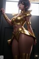 A woman in a gold outfit standing in front of a door.