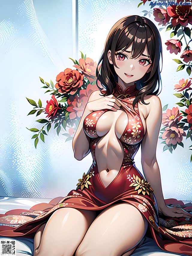 A woman in a red dress sitting on a bed.