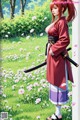 A woman in traditional attire stands in a field of flowers, holding a sword.