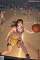 A woman in a Lakers uniform dribbling a basketball on a court.