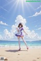 A woman in a nurse uniform is walking on the beach.