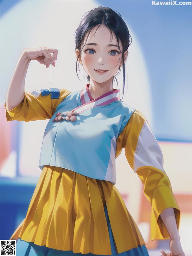 A woman in a yellow and blue dress posing for a picture.