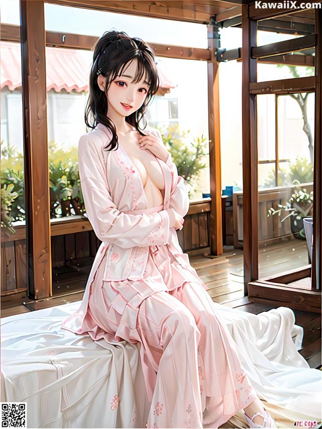 A woman in a pink kimono sitting on a bed.