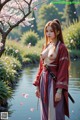 A woman in traditional attire stands by a serene pond with cherry blossoms.