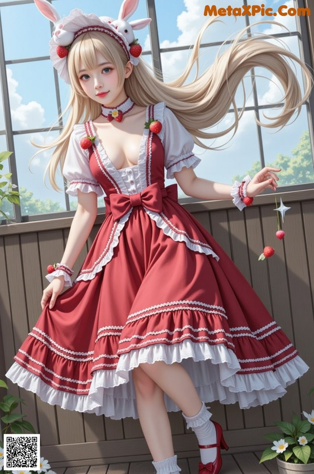 A woman in a red and white dress with a bunny hat.