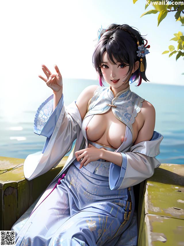 A woman in a blue kimono sitting on a ledge by the water.