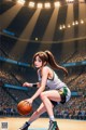 A woman in a basketball uniform dribbling a basketball on a court.