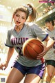 A girl holding a basketball in front of a crowd.