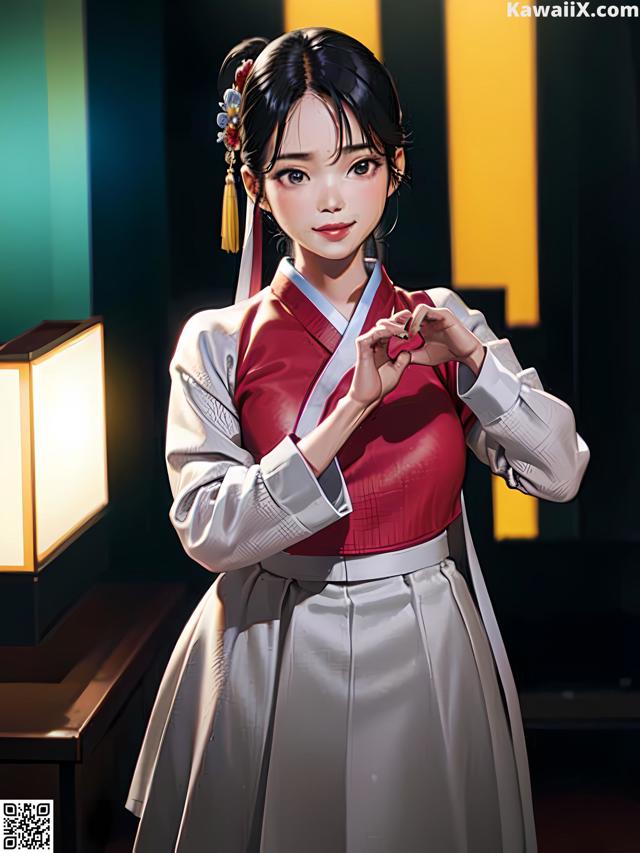 A woman in a red and white dress holding a red heart.