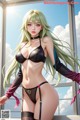 A woman with long green hair wearing a black lingerie.